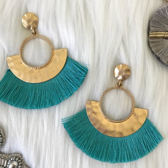 Turquoise Tassel Gold Statement Earrings Hoop Aqua - Picture 3 of 4